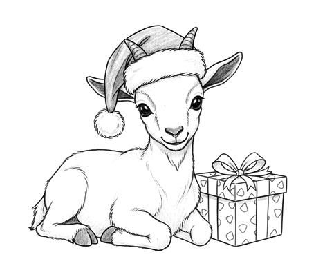 Baby goat in a Santa hat pencil drawing to copy