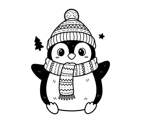 Penguin in a hat and scarf pencil drawing to copy