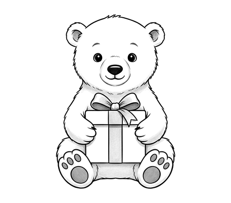 Polar bear cub with a gift pencil drawing to copy