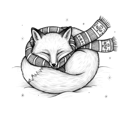 Sleeping fox in a scarf pencil drawing to copy