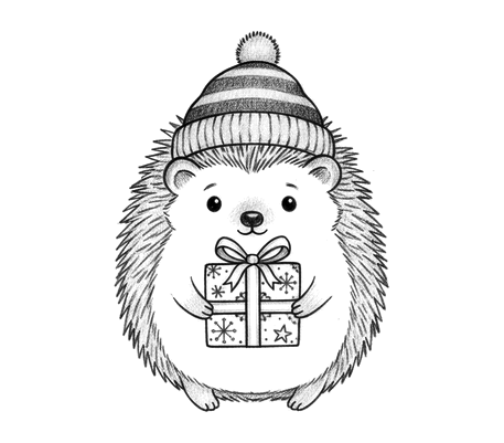 Hedgehog in a hat with a gift pencil drawing to copy