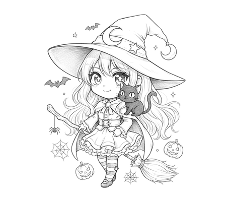 Chibi witch with a cat pencil drawing to copy