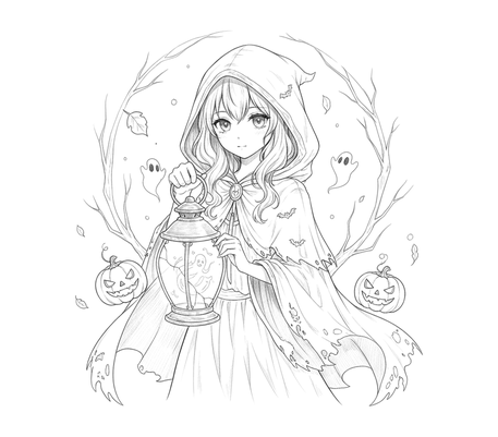 Anime girl with a lantern pencil drawing to copy