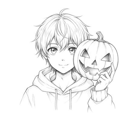 Anime boy with a pumpkin mask pencil drawing to copy