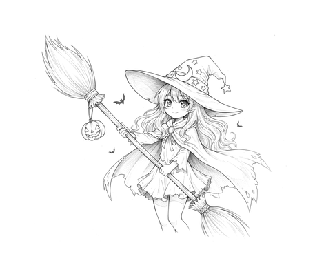 Anime witch girl with a broom pencil drawing to copy