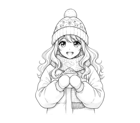 Anime girl with hot cocoa pencil drawing to copy