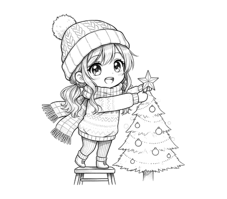 Chibi girl decorating a Christmas tree pencil drawing to copy