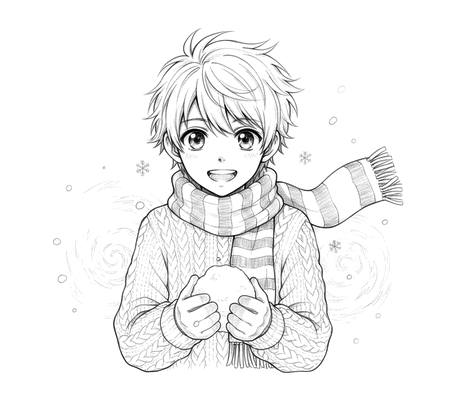 Anime boy with a snowball pencil drawing to copy