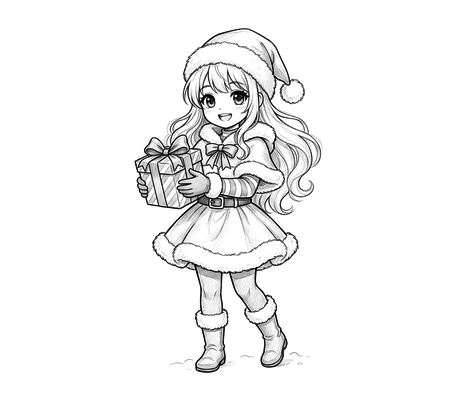 Anime girl in a Santa outfit pencil drawing to copy