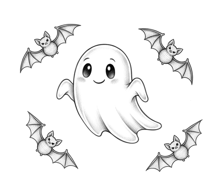 Ghost with bats pencil drawing to copy
