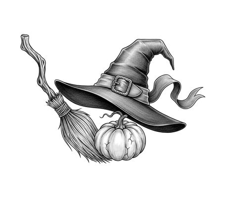 Witch hat, broom and pumpkin pencil drawing to copy