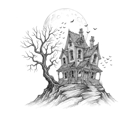 Spooky house on a hill Halloween pencil drawing to copy