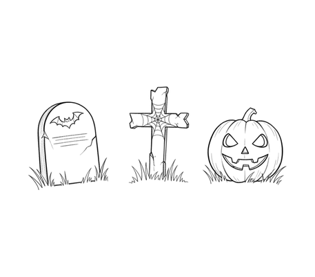 Tombstone, cross and pumpkin pencil drawing to copy