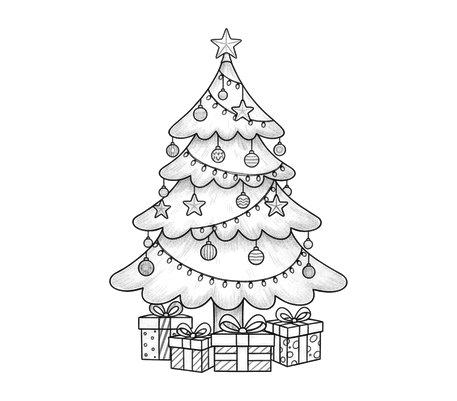 Christmas tree with presents pencil drawing to copy