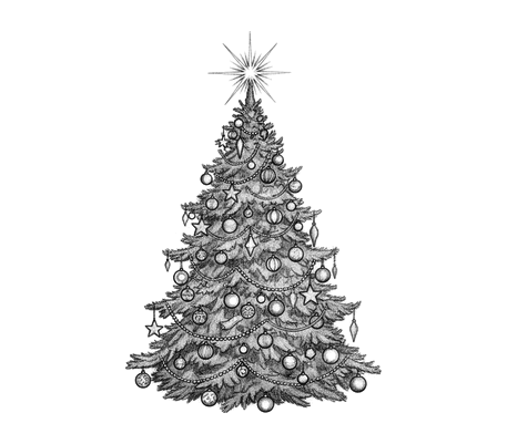 Detailed decorated Christmas tree pencil drawing to copy