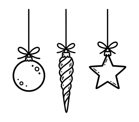 Three hanging Christmas ornaments pencil drawing to copy