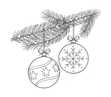 Dibujo a lápiz de rama de abeto con bolas navideñas