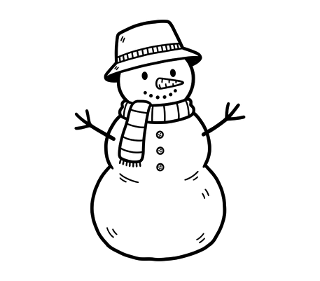 Snowman in a hat and striped scarf pencil drawing to copy