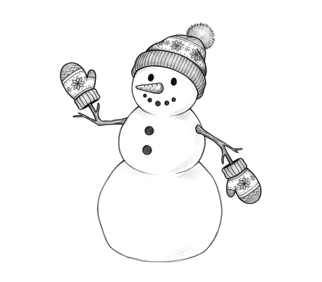 Snowman in a knitted hat and mittens pencil drawing to copy
