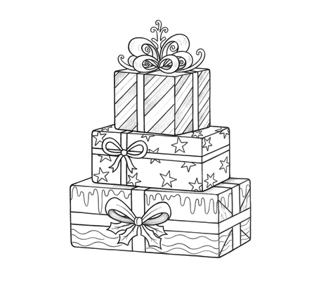 Stack of Christmas presents pencil drawing to copy