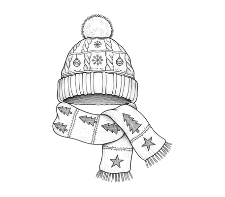 Knitted hat and scarf pencil drawing to copy