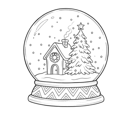 Snow globe with a little house pencil drawing to copy