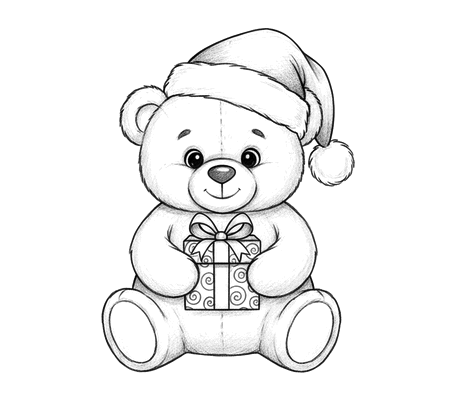Teddy bear in a Santa hat with a gift pencil drawing to copy