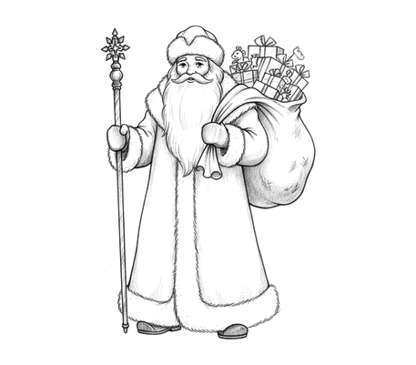 Ded Moroz (Russian Father Frost) with a sack pencil drawing to copy