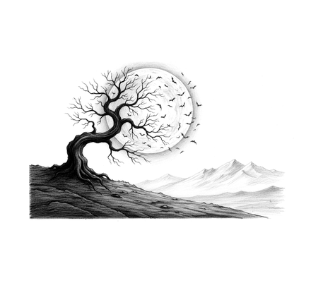 Bare tree and the full moon pencil drawing to copy