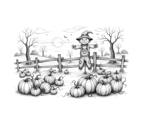 Pumpkin patch with a scarecrow pencil drawing to copy