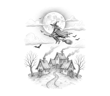 Witch flying over a village under the moon pencil drawing