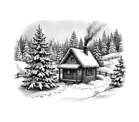 Snowy cabin in the woods pencil drawing to copy