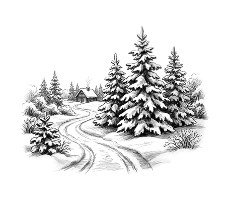 Winter forest with a road pencil drawing to copy
