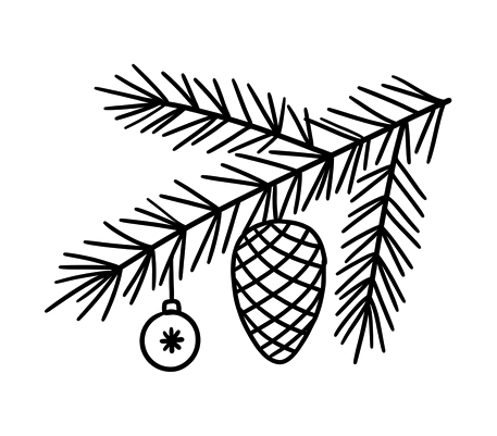 Fir branch with a pine cone pencil drawing to copy