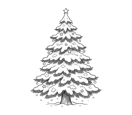 Snow-covered Christmas tree pencil drawing to copy
