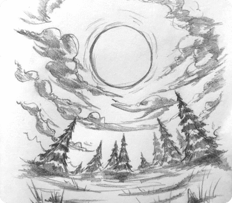 рисунок лес под луной карандашом для срисовки