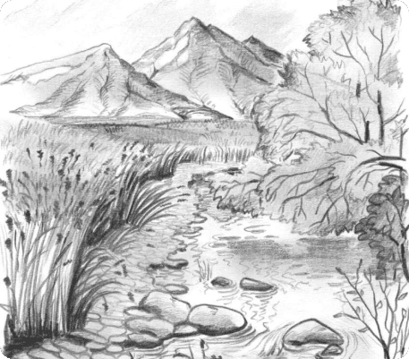 рисунок озера и гор в лесу карандашом для срисовки